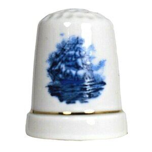 Galleon Schooner on the Sea Blue Background Souvenir Porcelain Thimble